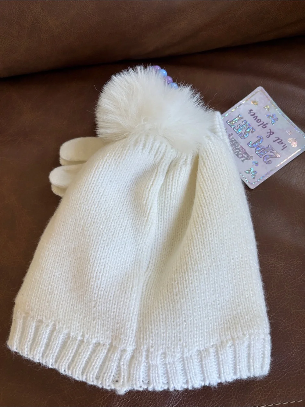 Love White Kids Hat & Gloves Set with Multicolor Gem Flowers